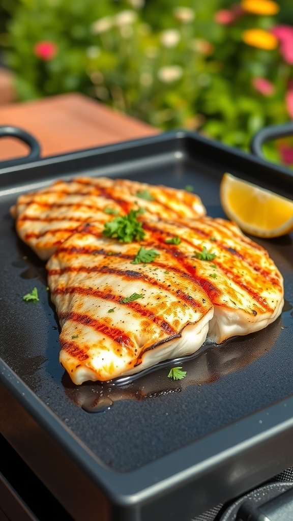 Grilled tilapia fillet on a Blackstone griddle, garnished with parsley and lemon wedges.